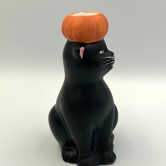 Halloween Black Cat Taper Candle Holder Pumpkin Hollow Oneida Ceramic - Picture 5 of 7